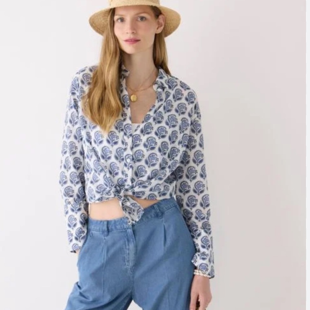JCREW Blue Garçon Cotton-blend Voile Shirt In bouquet block print - Picture 2 of 9